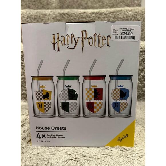 Harry Potter Pop Can Glasses with Lids and Straws - House Crests - BRAND NEW - Picture 3 of 6